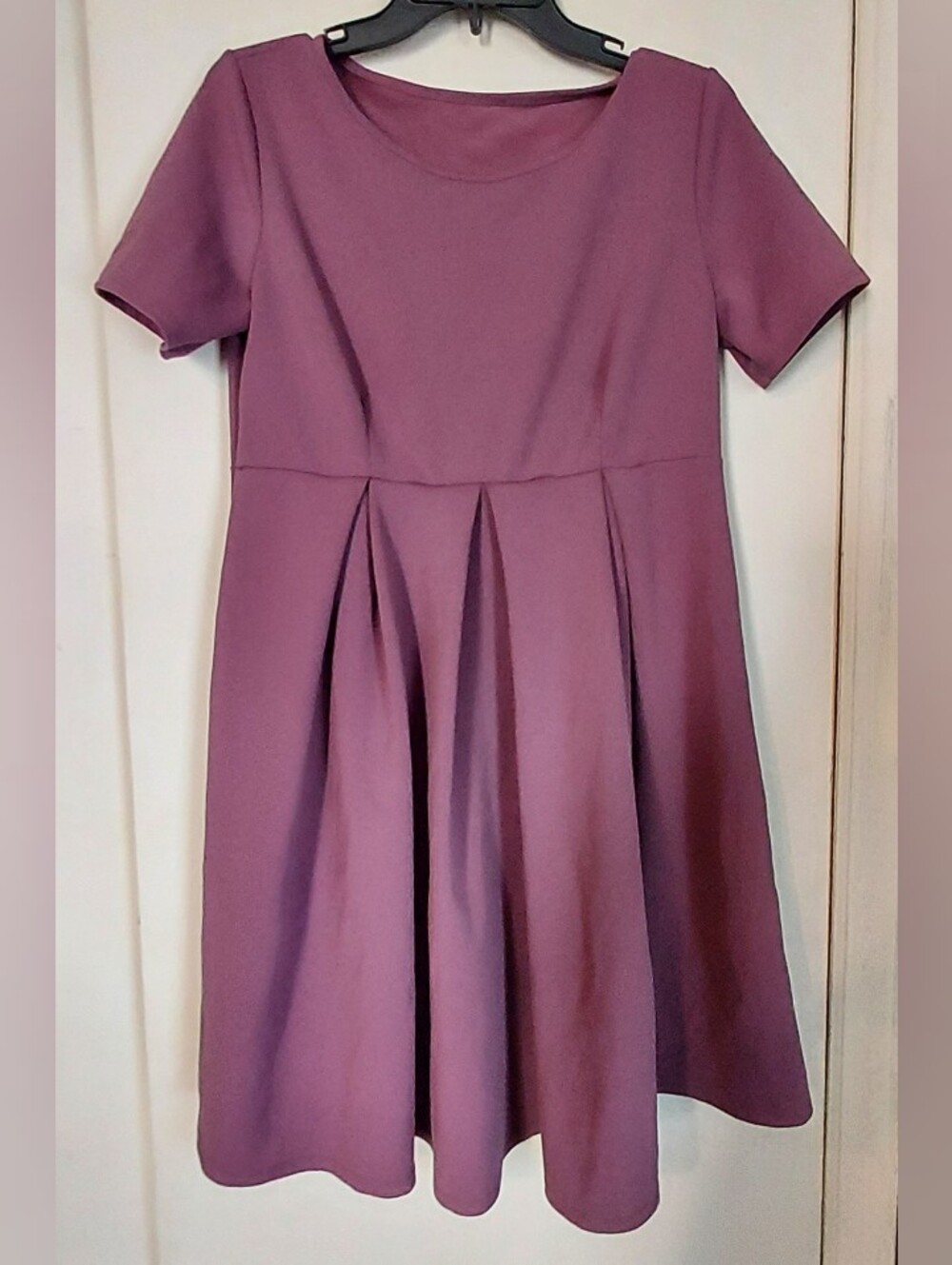 Elegant Mauve Short-Sleeve Pleated Fit & Flare Dress Large
